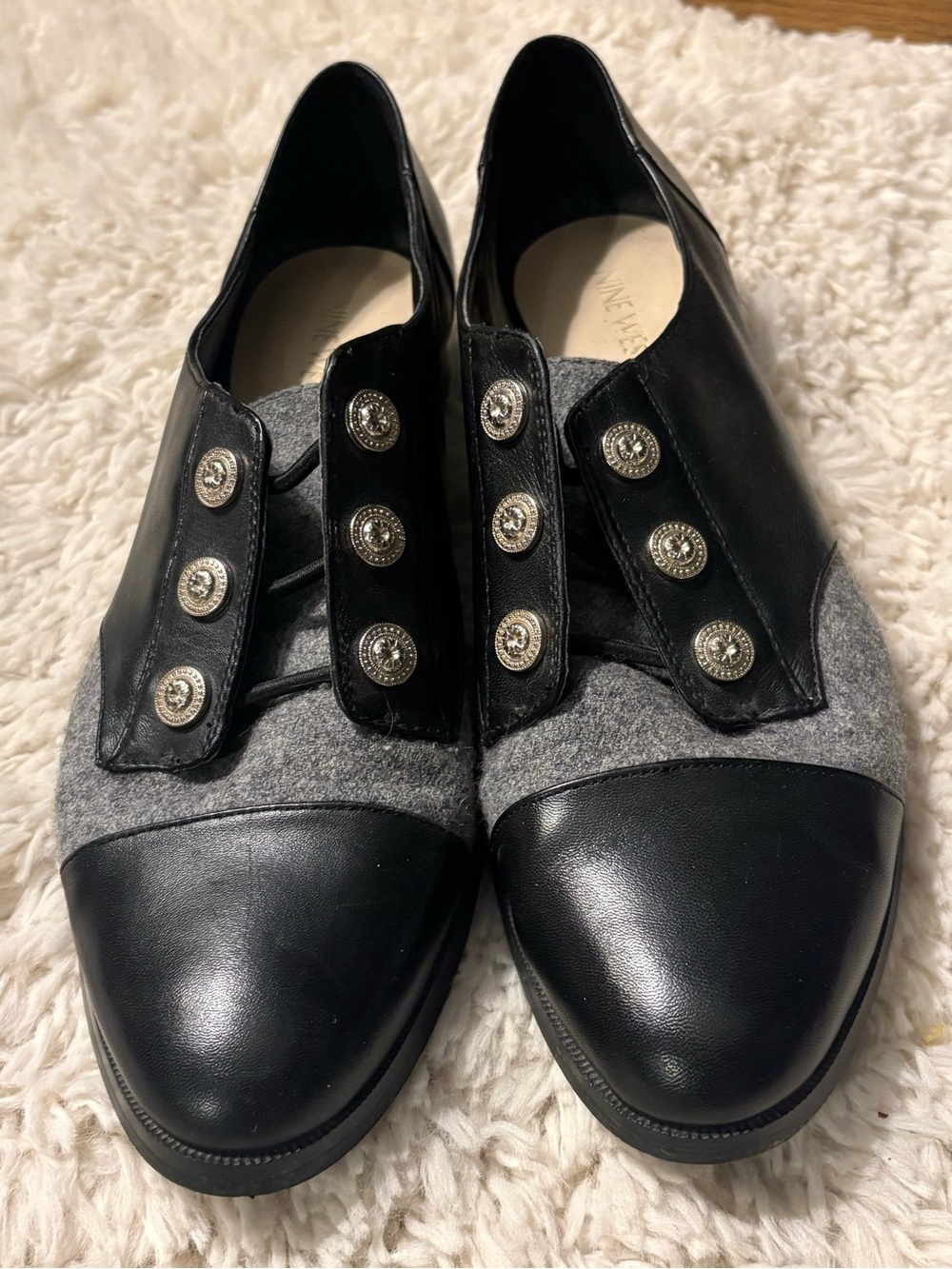 Nine West "Hastad" Black Leather & Grey Wool Button Oxford Loafers Dark Academia